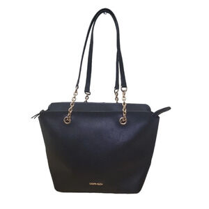 Calvin Klein Hailey Tote Shoulder-Bag Pebbled Leather Black Gold Top Zip Chain